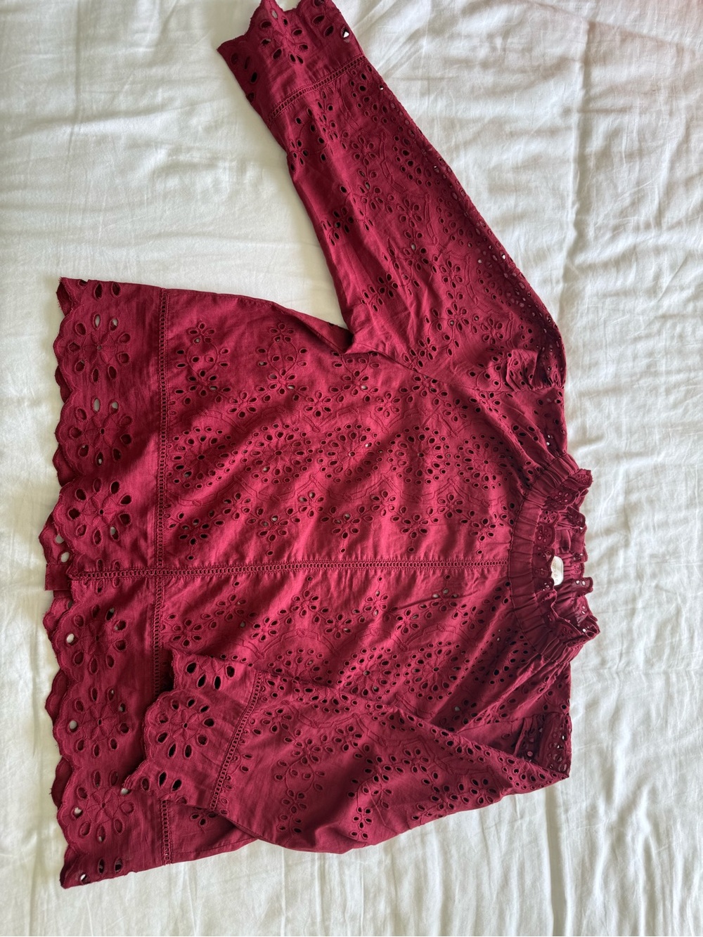 Women's Burgundy Eyelet Ruffle-Neck Blouse